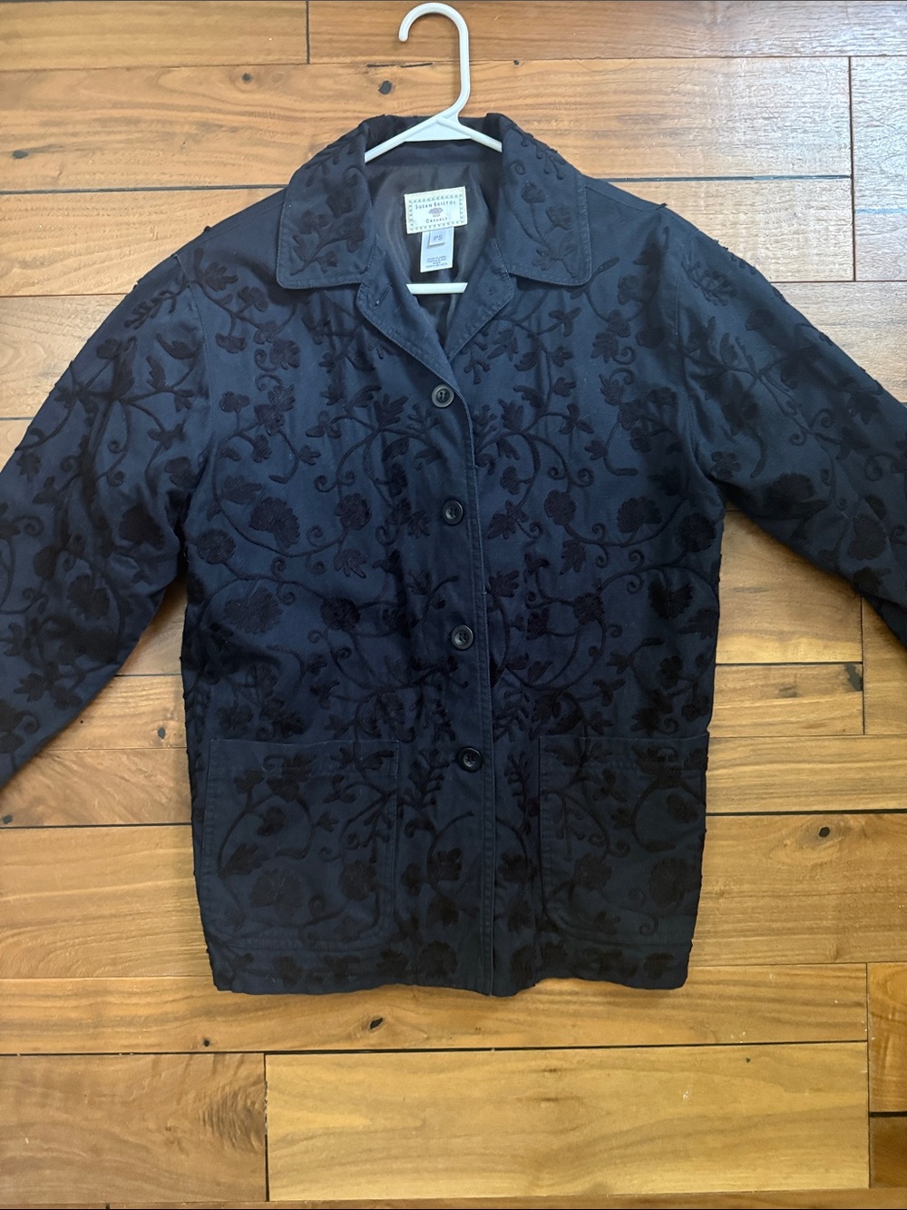 Susan Bristol Black Floral Jacquard Button-Front Jacket Sz PS